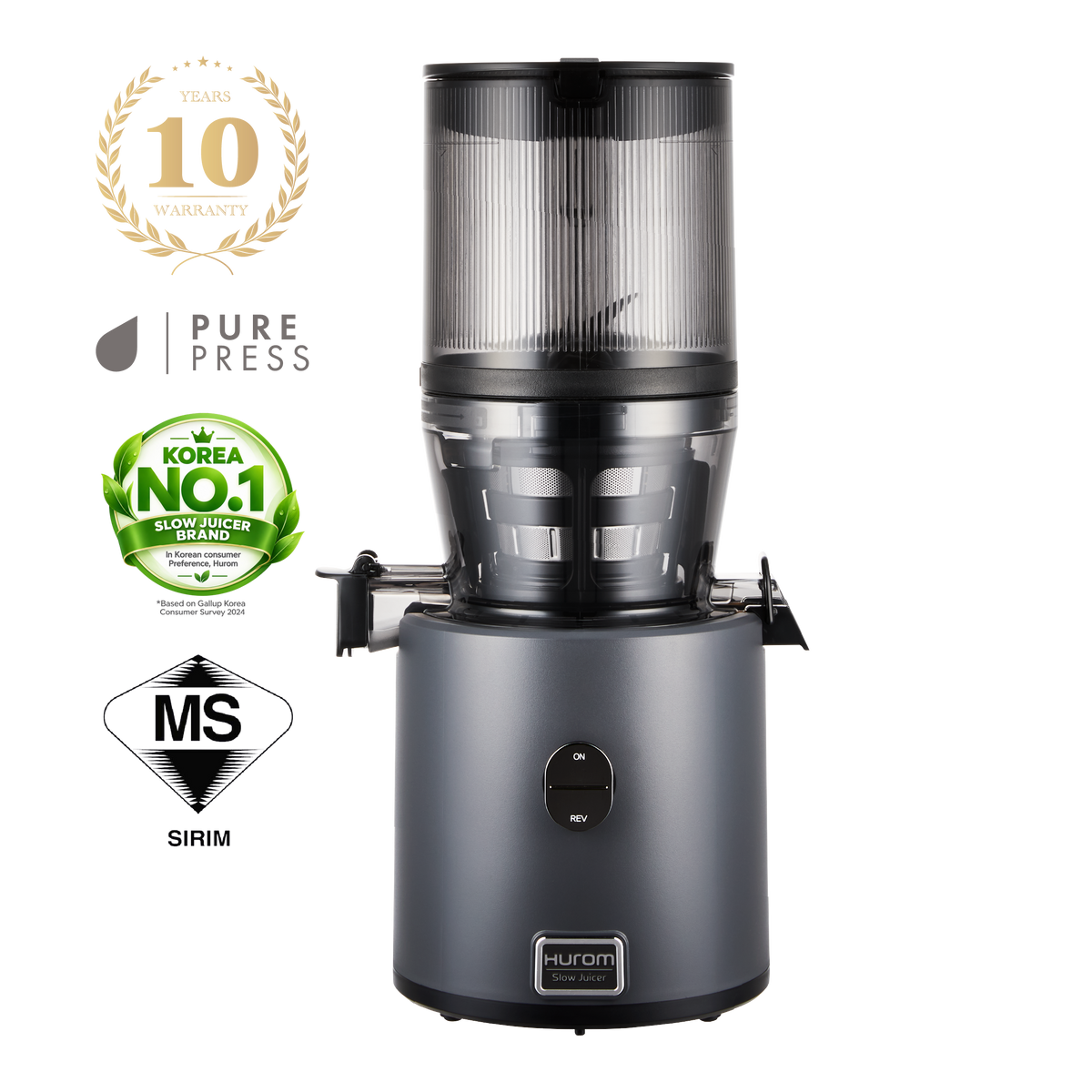 Hurom H330P slow juicer in grey with a clear hopper