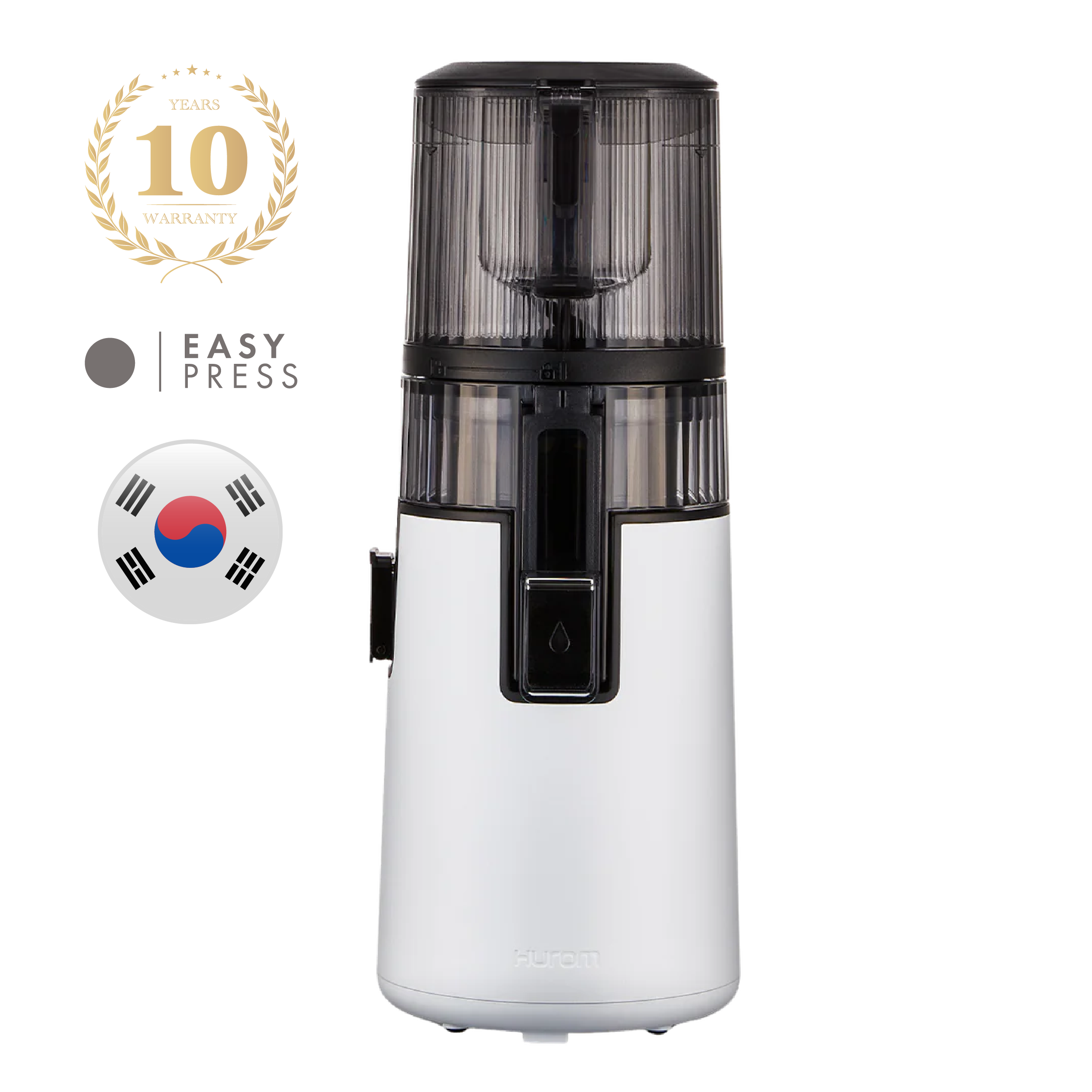 White HUROM Easy Press slow juicer with Korean flag icon and 10-year warranty badge on transparent background