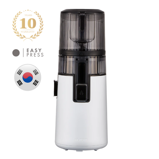 White HUROM Easy Press slow juicer with Korean flag icon and 10-year warranty badge on transparent background