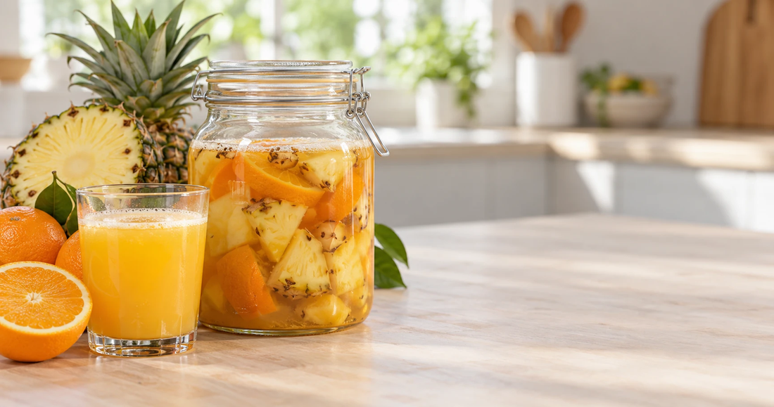 A glass of fresh orange juice beside a jar of fermenting fruit on a wooden counter