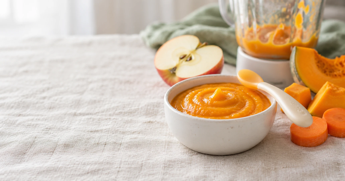 A small bowl of pumpkin puree with a soft baby spoon, steamed carrot and apple