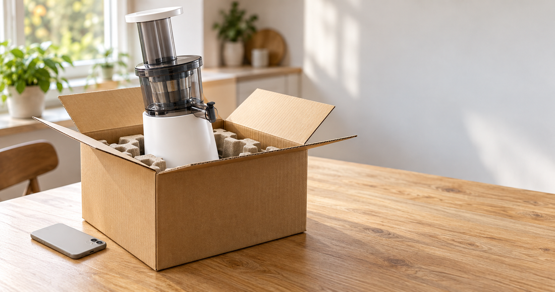 A slow juicer being lifted out of an opened shipping carton on a wooden table