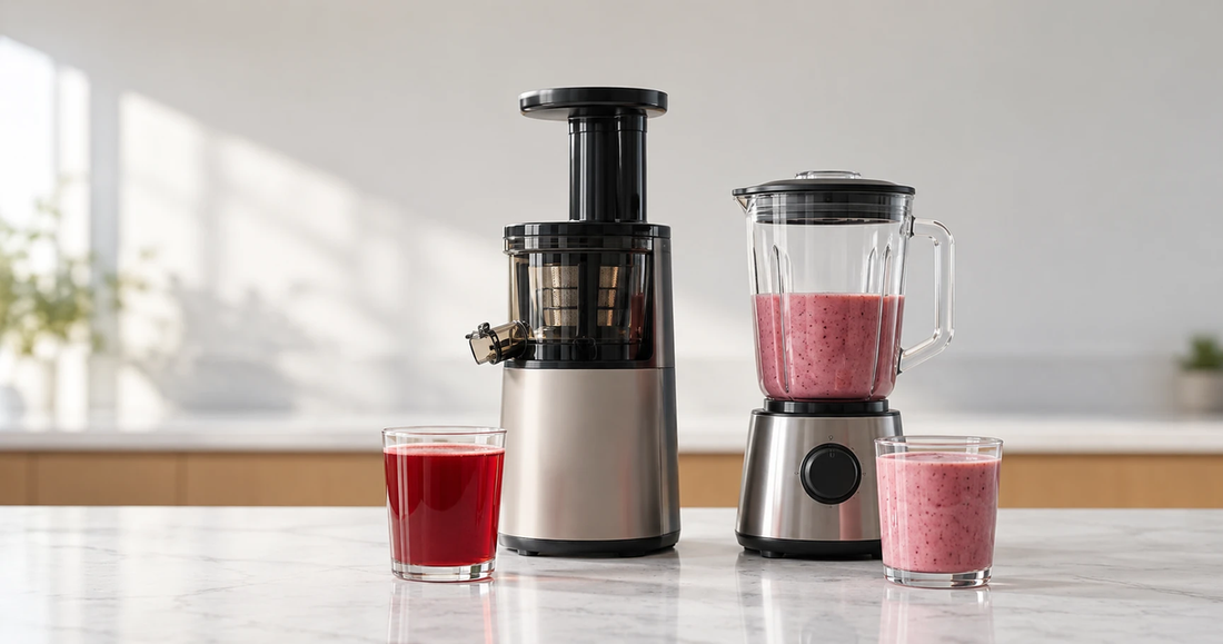 A slow juicer and a blender side by side, with a glass of juice and a smoothie