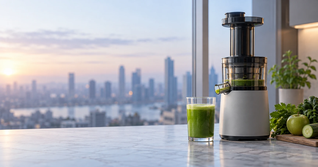 A slow juicer on a condo kitchen counter by a window with a city view at dawn