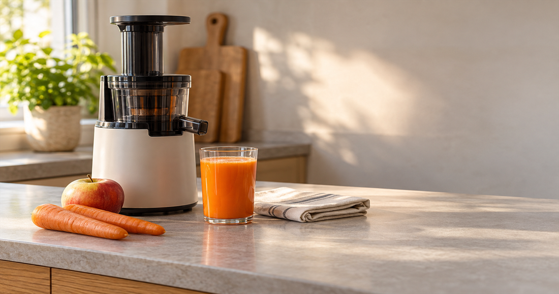 A compact slow juicer with one glass of carrot juice on a small kitchen counter