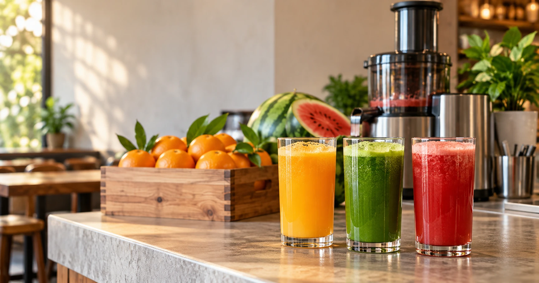 Three glasses of fresh juice on a cafe counter with a commercial juicer behind