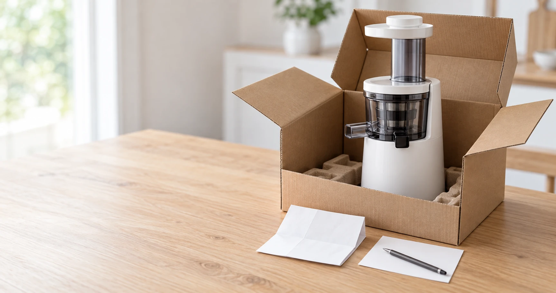 A slow juicer in its opened carton beside a receipt and a warranty card