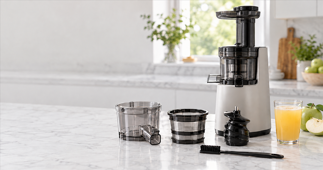 A slow juicer with its bowl, screen, auger and cleaning brush laid out in front