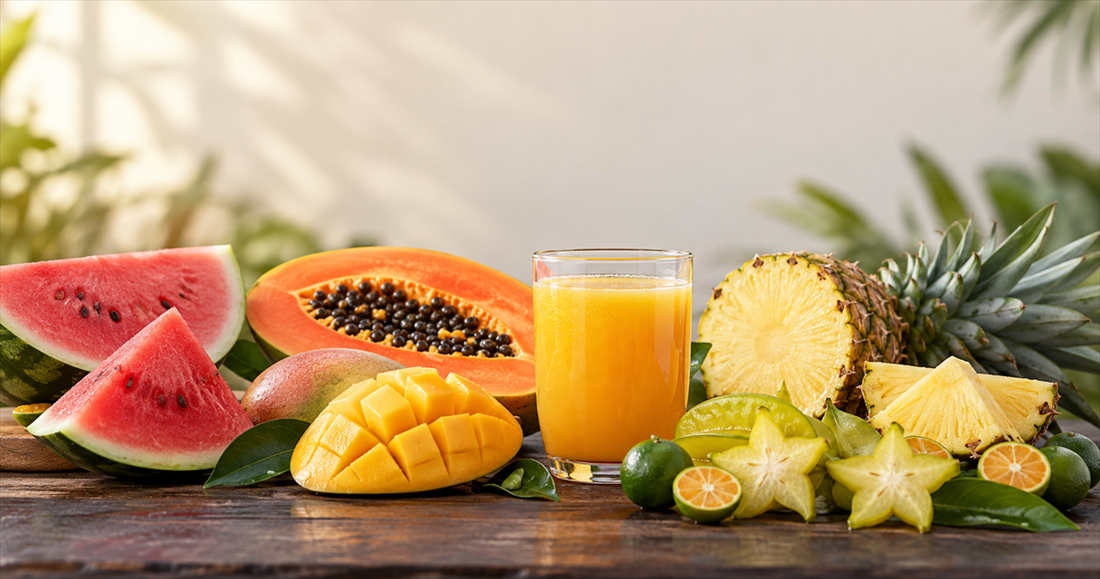 Watermelon, papaya, pineapple, mango and starfruit around a glass of mango juice