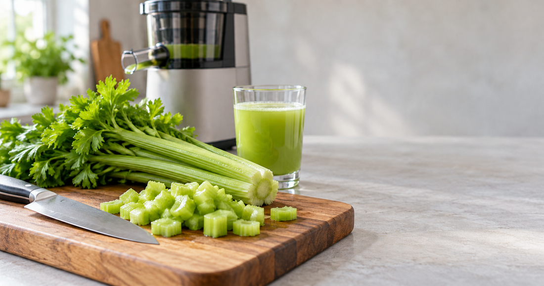 A bunch of celery and short cut celery pieces on a chopping board with a knife
