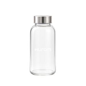 Hurom clear glass bottle with silver lid on a transparent background