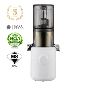 Hurom H310A slow juicer in white with a clear chamber