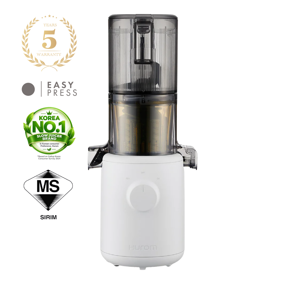 Hurom H310A slow juicer in white with a clear chamber
