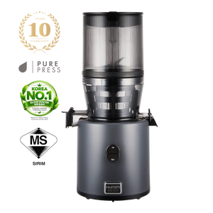 Hurom H330P slow juicer in grey with a clear hopper