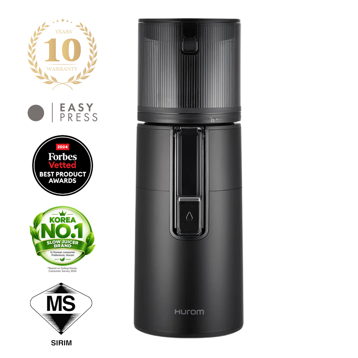 Hurom H400 slow juicer in black, front view