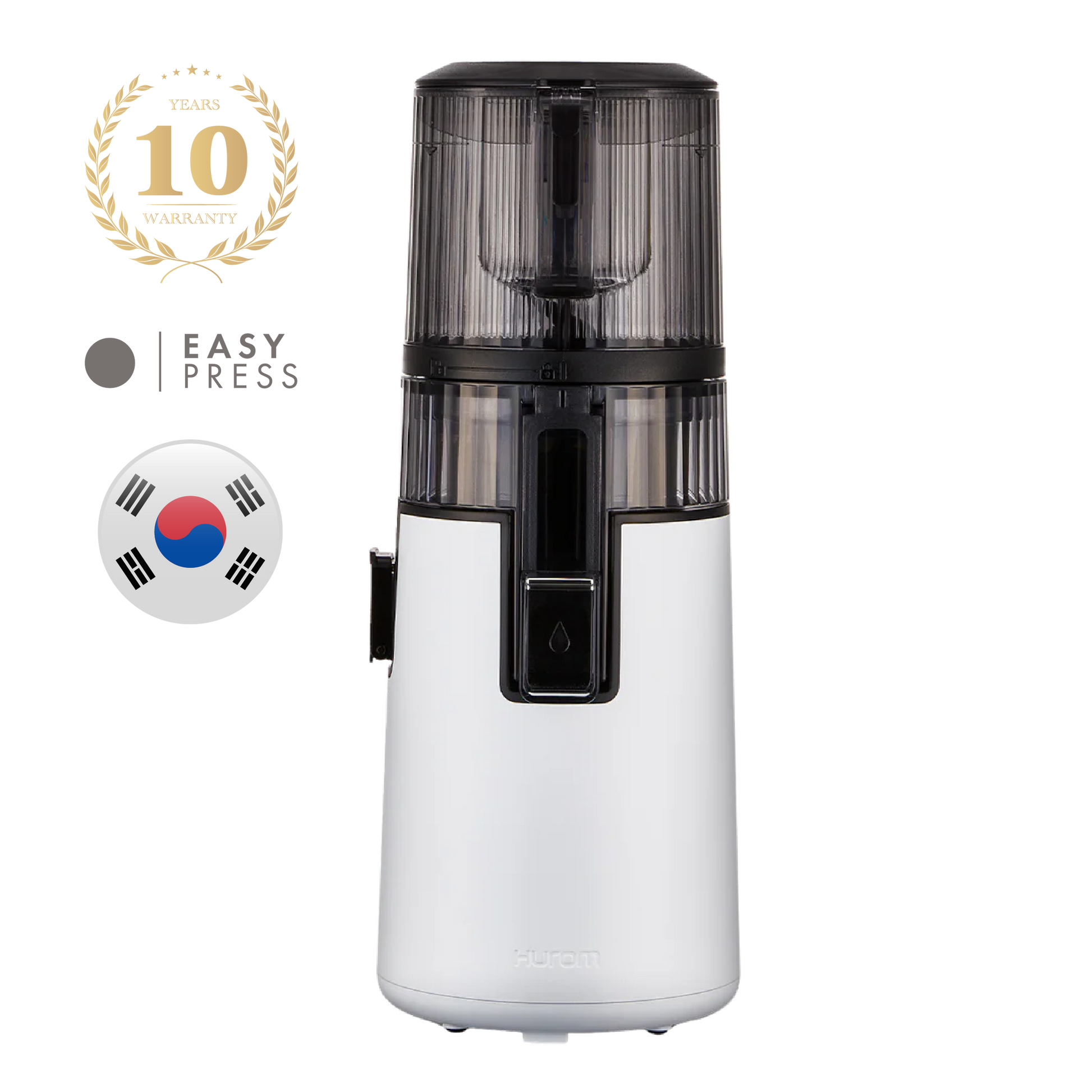 White HUROM Easy Press slow juicer with Korean flag icon and 10-year warranty badge on transparent background
