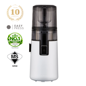 Hurom H70FT slow juicer in white with a clear hopper