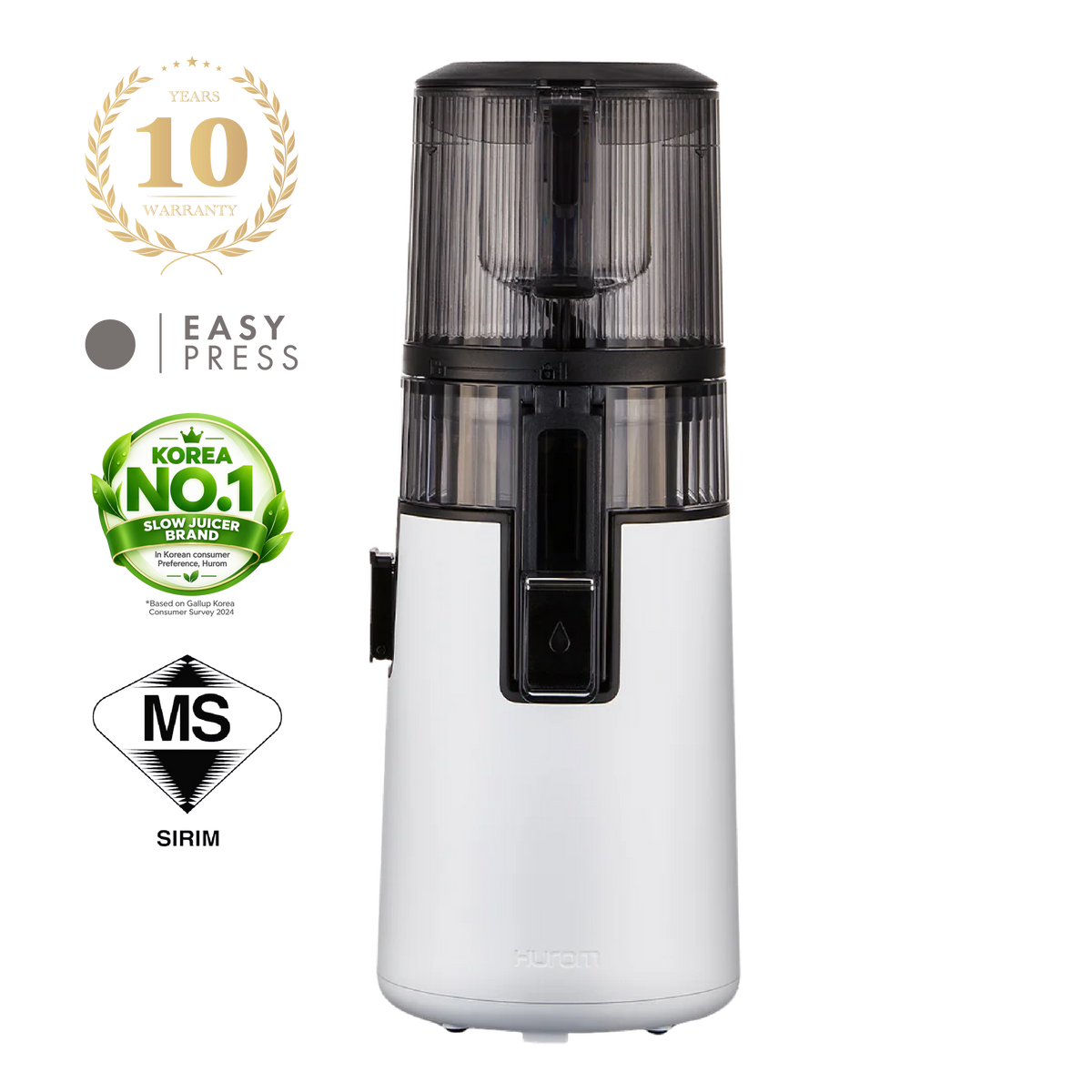 Hurom H70FT slow juicer in white with a clear hopper